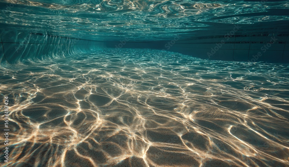 Naklejka premium Sunlight streams through pool water, underwater perspective
