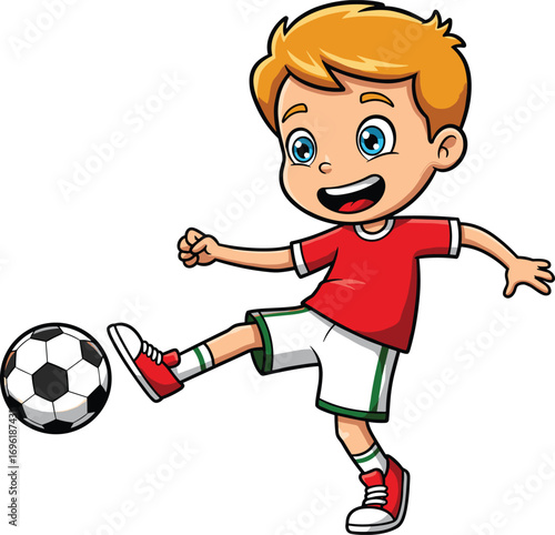 Happy cartoon soccer boy with blue eyes, yellow shirt and red shoes, standing with soccer ball, peace sign, sports fun.