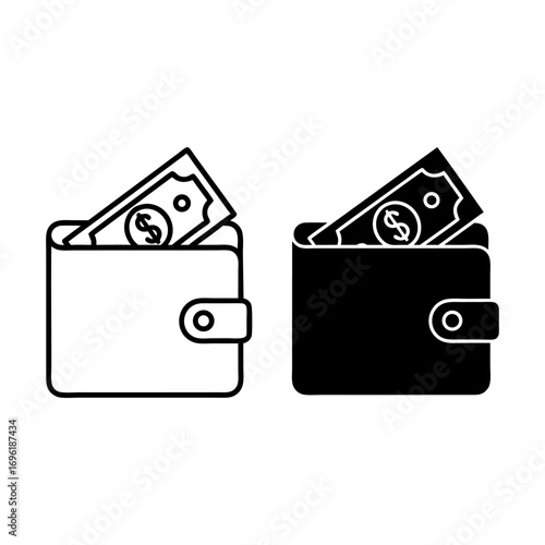 Wallet Icons Line Art and Solid Black Designs for Finance and Money Concepts
