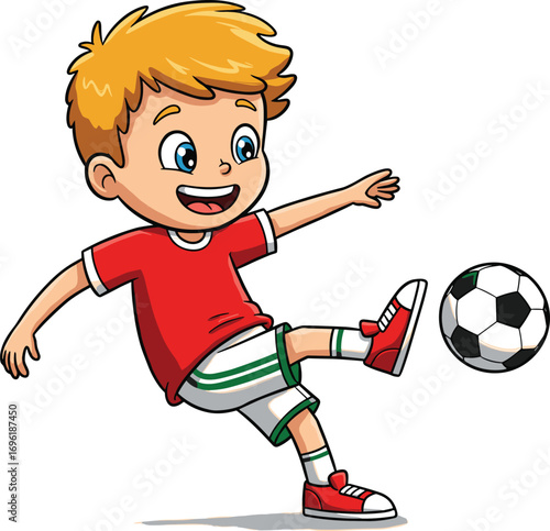 Happy cartoon soccer boy with blue eyes, yellow shirt and red shoes, standing with soccer ball, peace sign, sports fun.