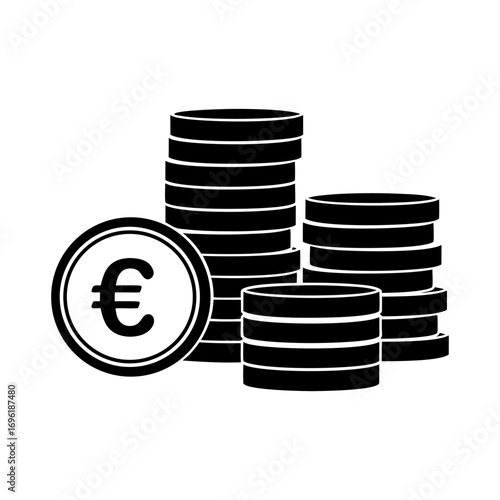 Euro coins stacked in piles showing financial currency with European Union symbol for money