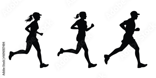 Running man and woman silhouettes vector set illustration. Male and female runners figure shapes.