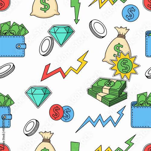 Seamless pattern showcasing financial growth, investment, and wealth accumulation symbols for economic prosperity