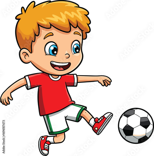 Happy cartoon soccer boy with blue eyes, yellow shirt and red shoes, standing with soccer ball, peace sign, sports fun.