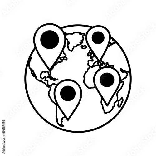 Global location markers on a simplified outline of the planet Earth, representing travel and distribution
