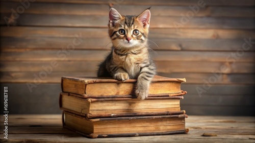 Wallpaper Mural Cute Kitten Sitting on Stack of Vintage Books on Wooden Background Torontodigital.ca