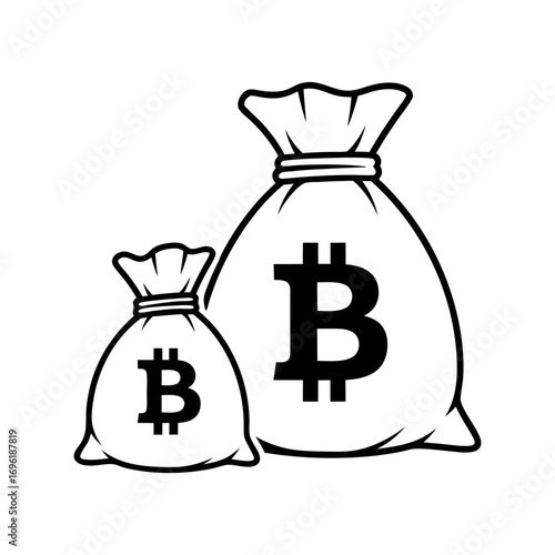Vector icon of two sacks of money with a cryptocurrency symbol illustrating digital finance investment