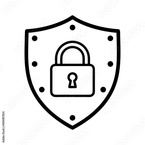 Minimalist shield and padlock line art icon symbolizing cybersecurity and digital data protection