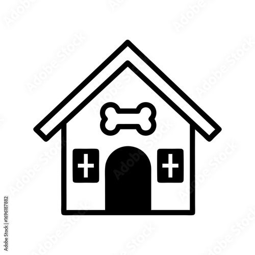 Simple black line icon of a dog house with medical cross symbols representing veterinary services