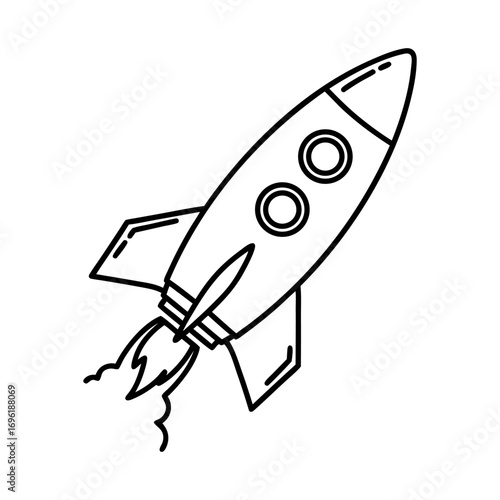 Simple illustration of a rocket ship in black and white, ready for takeoff and space exploration