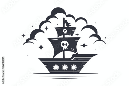 Detailed Pirate Ship with Jolly Roger Sail on White Background
