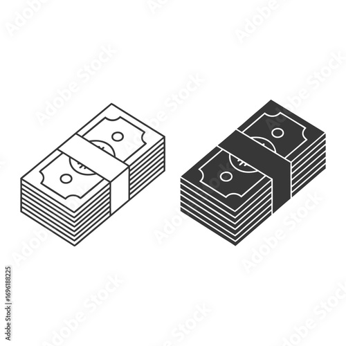 Money Icons Outline and Filled Stacks of Cash Representing Finances and Wealth
