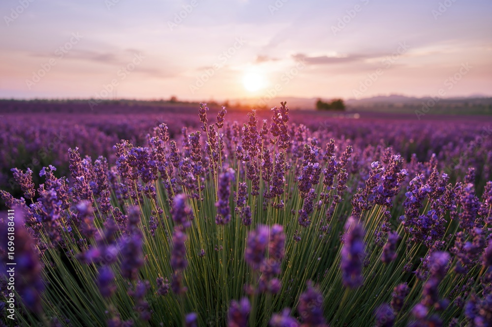 Obraz premium Sunset over vast lavender meadows