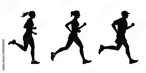 Running man and woman silhouettes vector set illustration. Male and female runners figure shapes.