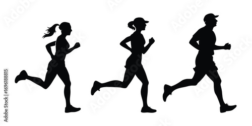 Running man and woman silhouettes vector set illustration. Male and female runners figure shapes.