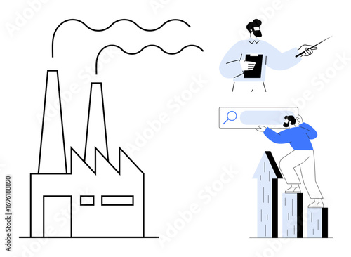 Factory with smoke stacks, person presenting data with a pointer, another climbing bar charts viewing a search bar. Ideal for business growth, analysis, manufacturing, strategy, data, market