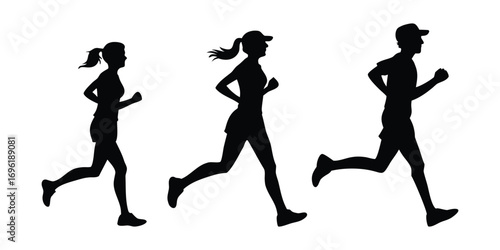 Running man and woman silhouettes vector set illustration. Male and female runners figure shapes.