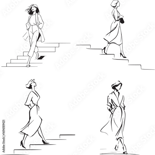 Vector art of fashion illustration of women walking on stairs