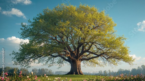 A majestic tree with a robust trunk covered in textured bark, its wide branches filled with vibrant green leaves softly swaying in the wind.