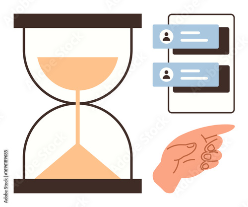 Hourglass beside a messaging interface with user profiles, highlighted by a pointing hand. Ideal for time management, urgency, deadlines, notifications, reminders, communication productivity. Simple