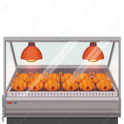 Flat 2D vector illustration showing multiple whole roasted chickens displayed warmly under a heat lamp in a sleek, modern deli counter with subtle glass reflections, ready for immediate purchase.
