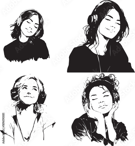 Vector art of four diverse women listening to music with headphones