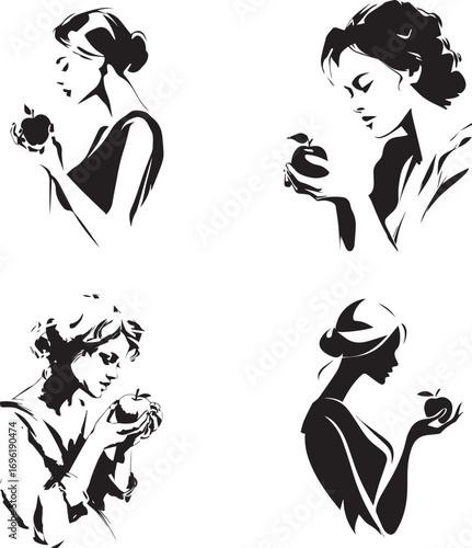 Vector art of four black and white portraits of women holding apples