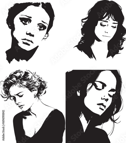 Vector art of four black and white portraits of women