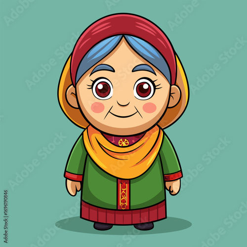 Charming Cartoon Grandmother in Traditional Clothing