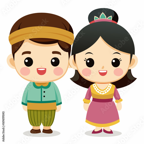 Adorable Cartoon Couple in Traditional Asian Clothing