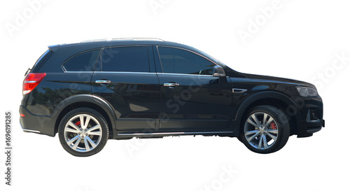 A modern black car shines on a white background