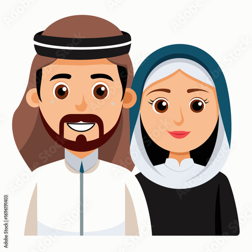 Arab Couple in Traditional Clothing.  A Colorful Illustration
