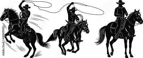 Silhouette of cowboys riding horses, lassoing with ropes, wild west action, western rodeo scene, horseback riding adventure and cowboy lifestyle.