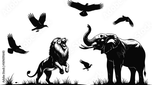 Silhouette of Wild Animals in Jungle with Lion, Elephant, and Birds Flying in Nature Scene, African Wildlife Vector Illustration