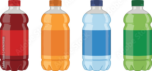 Four plastic bottles filled with colorful liquids on white back