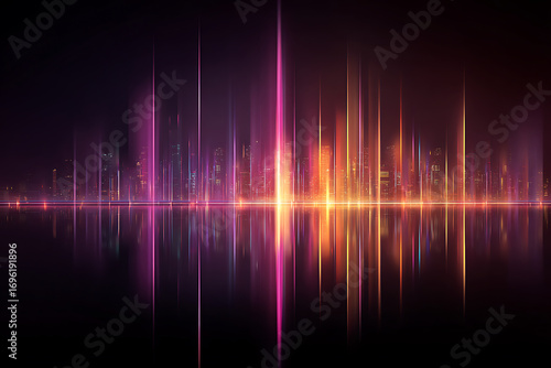 Futuristic city skyline reflecting in water at night with bright lights