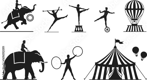 Silhouettes of circus performers with elephants, acrobats, jugglers, hot air balloons, unicyclists, and big top circus tent illustrations.