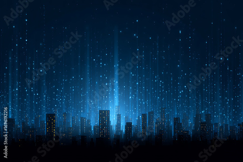 Futuristic city skyline receiving digital data stream at night