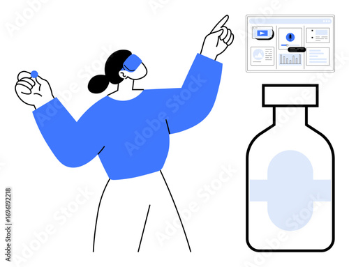 Woman in blue interacting with a medication capsule, a medicine bottle, and a digital data dashboard. Ideal for healthcare, data analysis, innovation, technology, medicine, research modern health