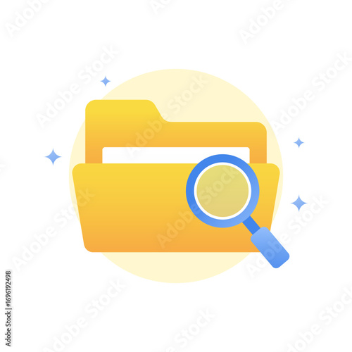 vector illustration of a yellow folder icon paired with a magnifying glass for conceptualizing search, exploration, and file organization in a digital environment.