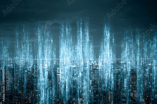 Futuristic smart city with digital data flowing at night