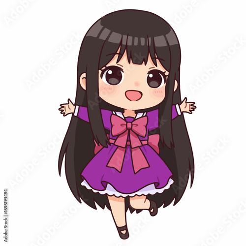 A cute chibi anime girl with long black hair and big brown eyes, wearing a purple dress with a pink bow, joyfully reaching out her arms.
