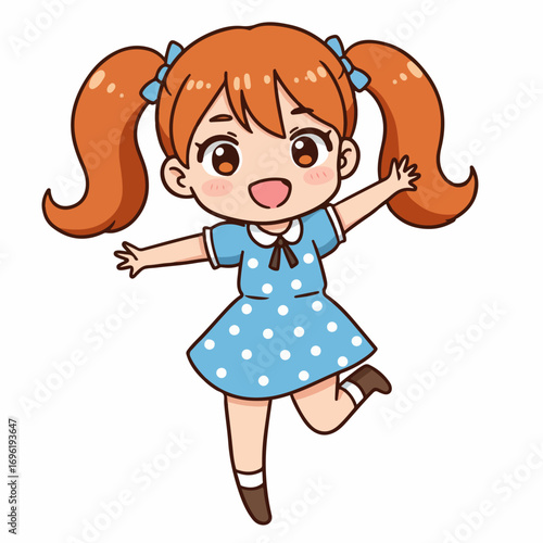 A cheerful cartoon girl with bright orange pigtails and a blue polka-dot dress, joyfully jumping with her arms outstretched.
