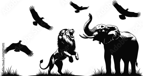 Wildlife silhouette illustration with lion, elephant, flying birds, African savanna scene, black and white animal vector, nature design art