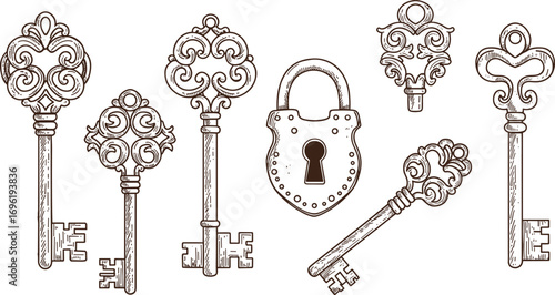 Vintage ornate keys and old-fashioned padlock set, hand-drawn antique skeleton keys, classic lock and key illustration, retro security design