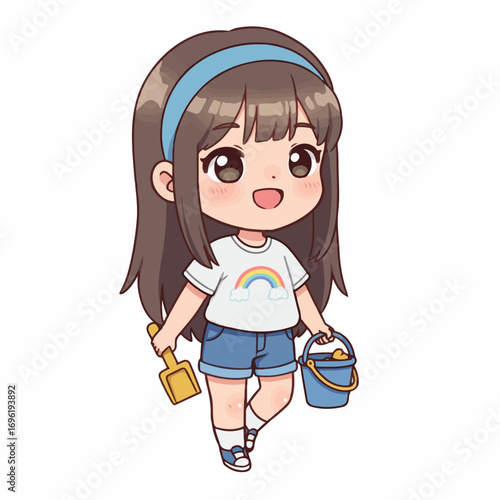 A cute chibi girl with brown hair and a blue headband, wearing a t-shirt with a rainbow and denim shorts, holding a toy shovel and a bucket at the beach.