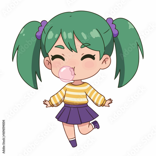 A cute anime girl with green pigtails blowing a pink bubblegum bubble.