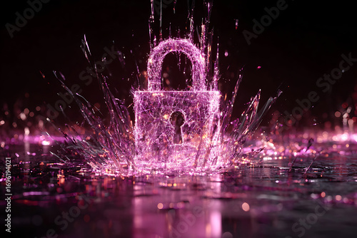 Glowing padlock emerging from shattered surface symbolizing digital security