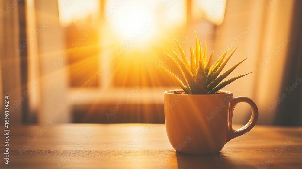 Fototapeta premium Sunrise through window, plant in cup