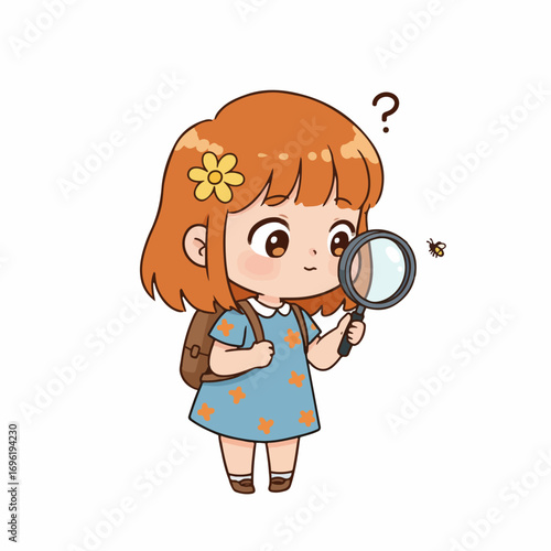 A curious young girl with orange hair and a flower in her hair examines a bee with a magnifying glass.